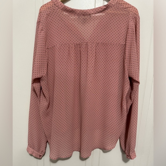 2X Pink and Black Polka Dot Tie Neck Long Sleeve Blouse - Picture 6 of 7